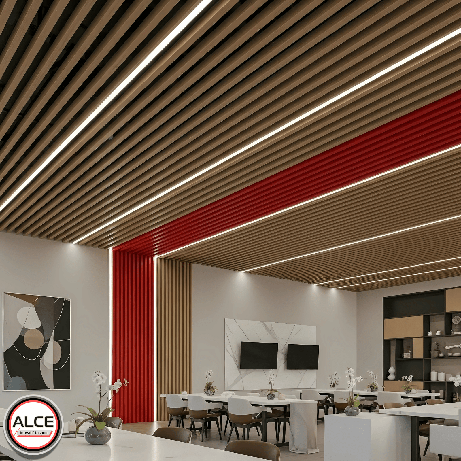 Özel yüzey kaplamalarıyla estetik zenginlik sunan bu ahşap görünümlü ve kırmızı tonlu metal baffle asma tavan sistemi, modern ofis toplantı alanında doğal sıcaklık ile metalin dayanıklılığını bir arada sunar – Alce İnovatif Tasarım